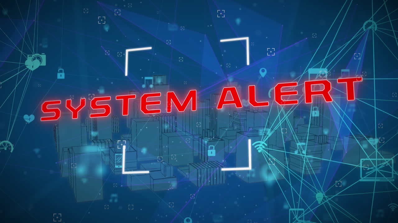 Animation of cyber attack warning text over data processing