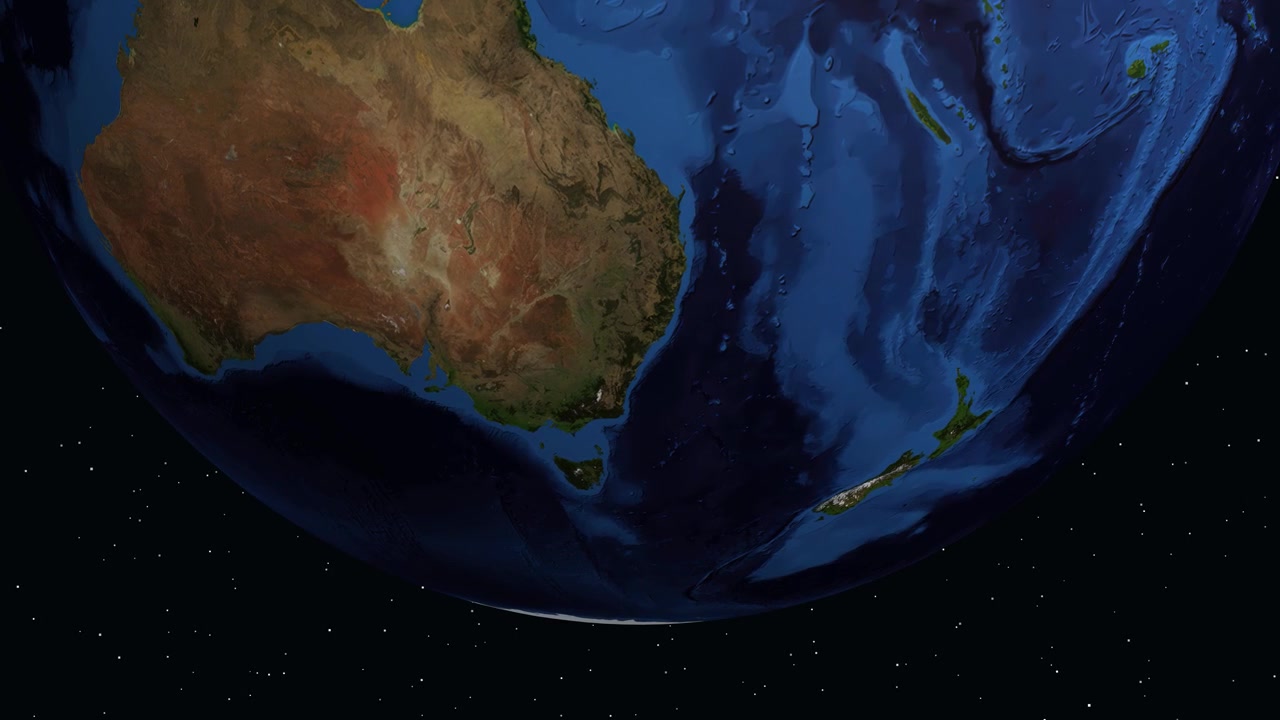 Digital animation zooms from space into Australia, pinpointing Sydney with precise geographic coordinate data