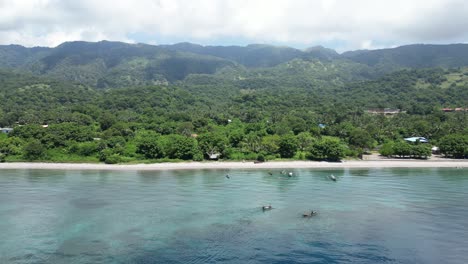 coastline with tropical forest, calm turquoise waters, and mountains in the background