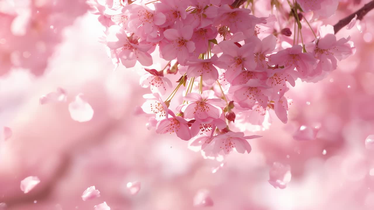 Swaying pink cherry blossom cluster releasing petals under spring ...