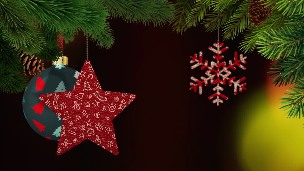 los adornos de navidad y los pinos se balancean en un fondo bokeh en bucle