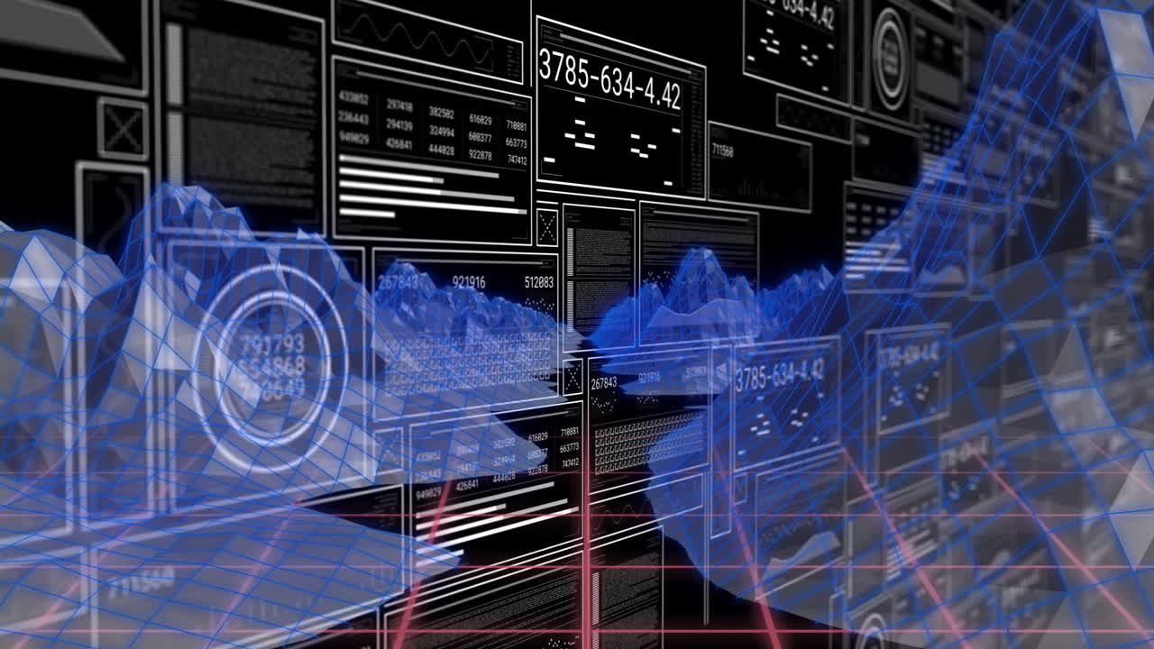 Animation of futuristic digital interface with blue graphs and data processing