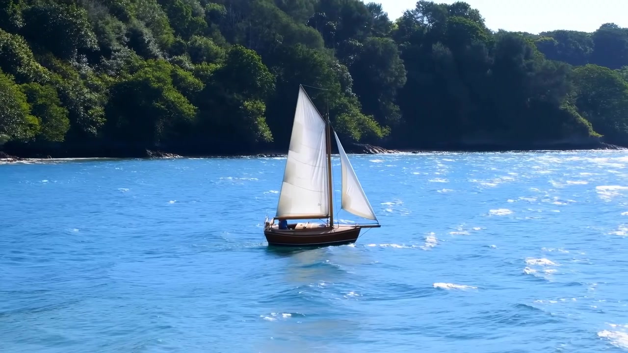 Barca a vela che galleggia in acqua e vegetazione, con alberi, da una prospettiva laterale, con accenti blu e verdi, e un'atmosfera calma, che mostra oggetti vicini e l'ambiente circostante.