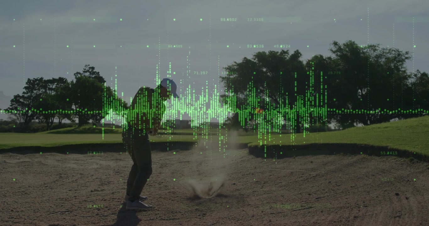 Golfer planting in sand bunker, initiating tech overlay animating swing arc spray ball trajectory
