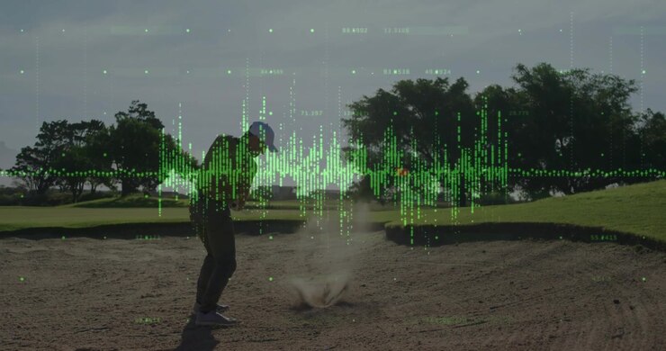 Golfer planting in sand bunker, initiating tech overlay animating swing arc spray ball trajectory