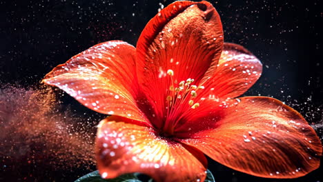 A red flower with white spots is in the air, surrounded by a cloud of dust. The flower is the main focus of the image, and the dust adds a sense of movement and energy to the scene