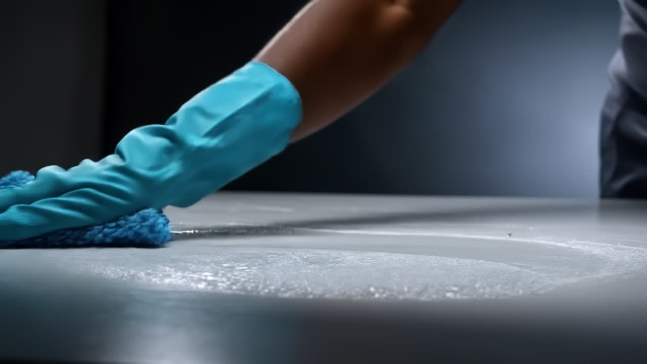 Person in a blue glove cleaning a reflective surface with a microfiber cloth for hygiene