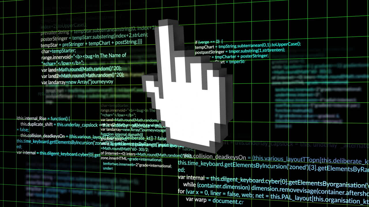 Animation of digital data processing and computer cursor over black background