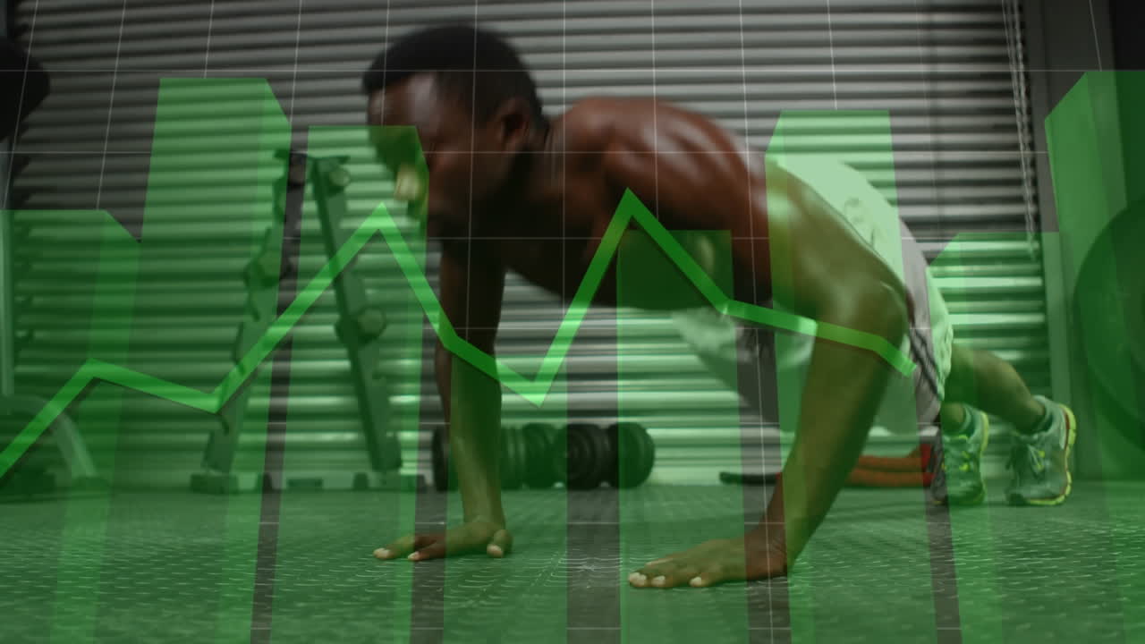 animación de procesamiento de datos estadísticos sobre un hombre afroamericano en forma realizando flexiones en el gimnasio