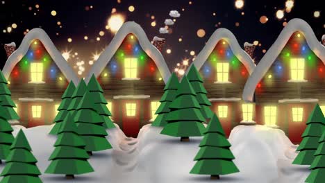 Animation-of-stars-falling-colorful-lights-over-houses-with-fairy-lights