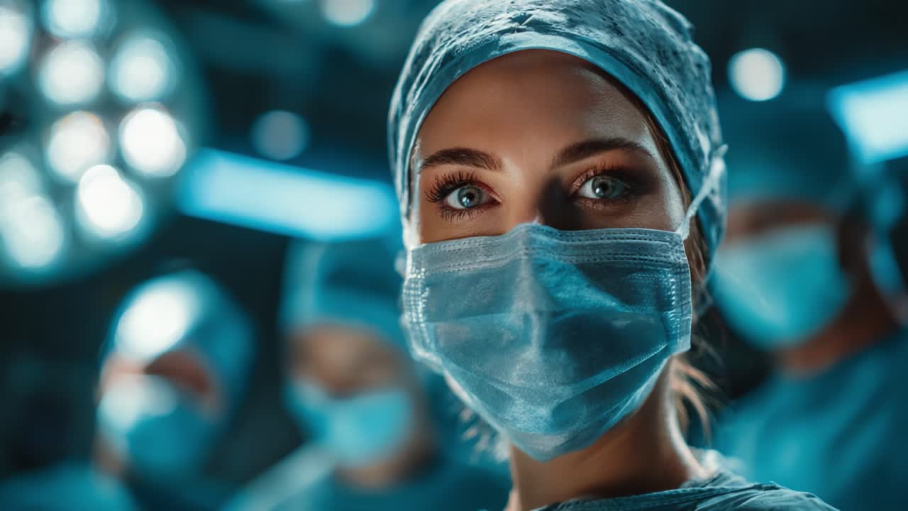 A dedicated healthcare professional focused on surgery, showcasing the determination and skill required in the operating room amidst fellow medical team members