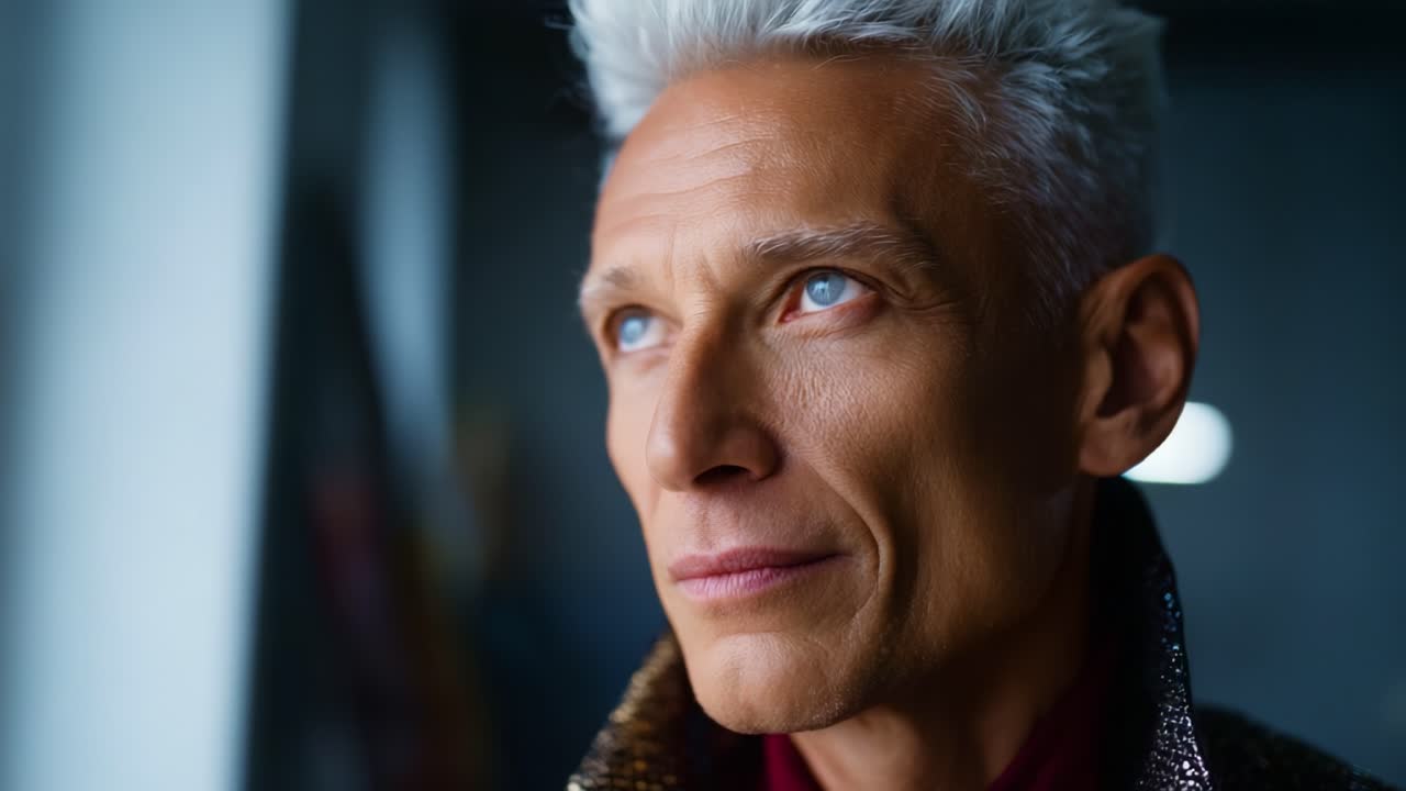 Captivating Close-Up Portrait of a Confident Man with Silver Hair and Intense Blue Eyes, Exuding Charisma and Poise in a Subtle, Elegant Ambiance