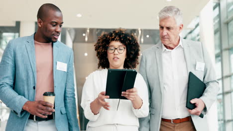 tablet, diversity or professional team walking