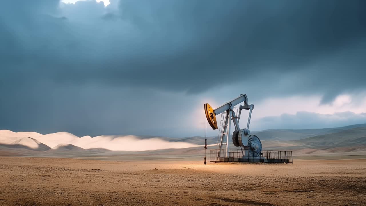 A solitary oil pump jack stands against a moody sky, symbolizing the extraction of natural resources in a barren landscape under dramatic cloud formations