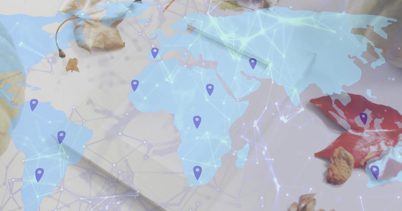 Spilli blu della mappa che appaiono e pulsano sfumando, linee di rete globali che si ritraggono, sfumando su un pad