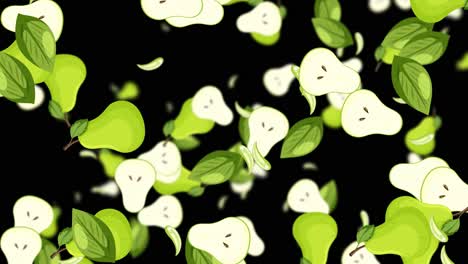 pears and leaves cascade against a black background