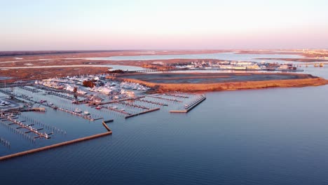 aerial drone shot, flying over a marina in cape may new jersey, cape may county