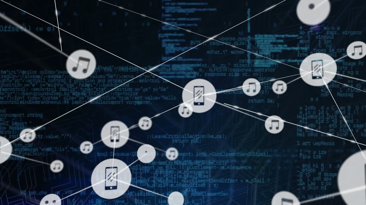 animación de iconos conectados y lenguaje informático sobre fondo negro
