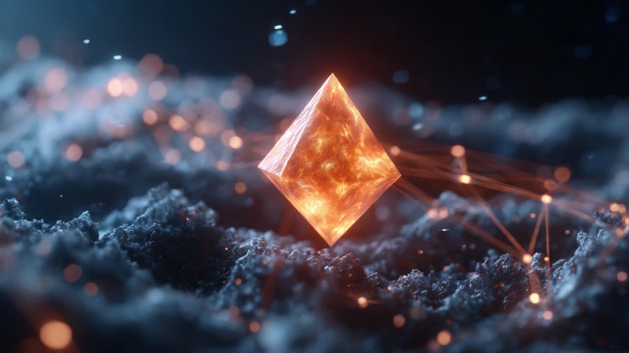 A Stunning Abstract Visualization of a Glowing Orange Pyramid Surrounded by Ethereal Particles and Energetic Light Trails in a Dreamlike Space Environment
