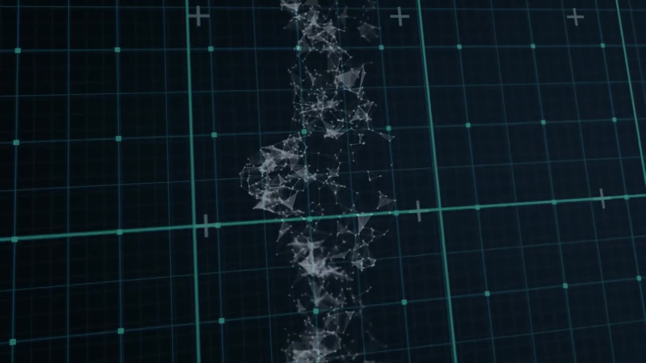 초록색 그리드와 회전하는 입자 구조의 애니메이션, 검은색 배경