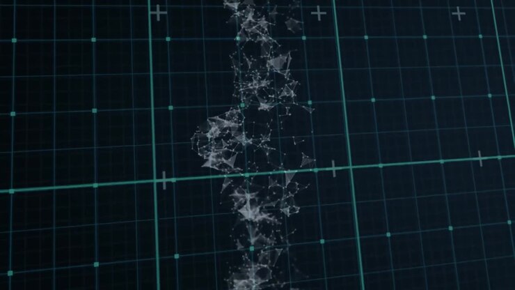 Animation of green grid and rotating particle structure, on black background