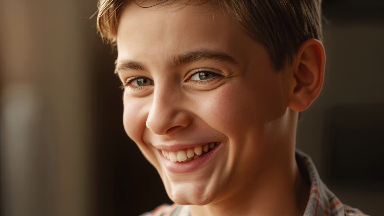 Rosto de adolescente reagindo a uma deixa fora da tela, transformando o sorriso em um largo sorriso com os olhos a se enrugar