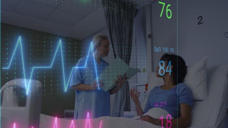 animation of heart rate monitor over diverse female doctor talking to female patient at hospital