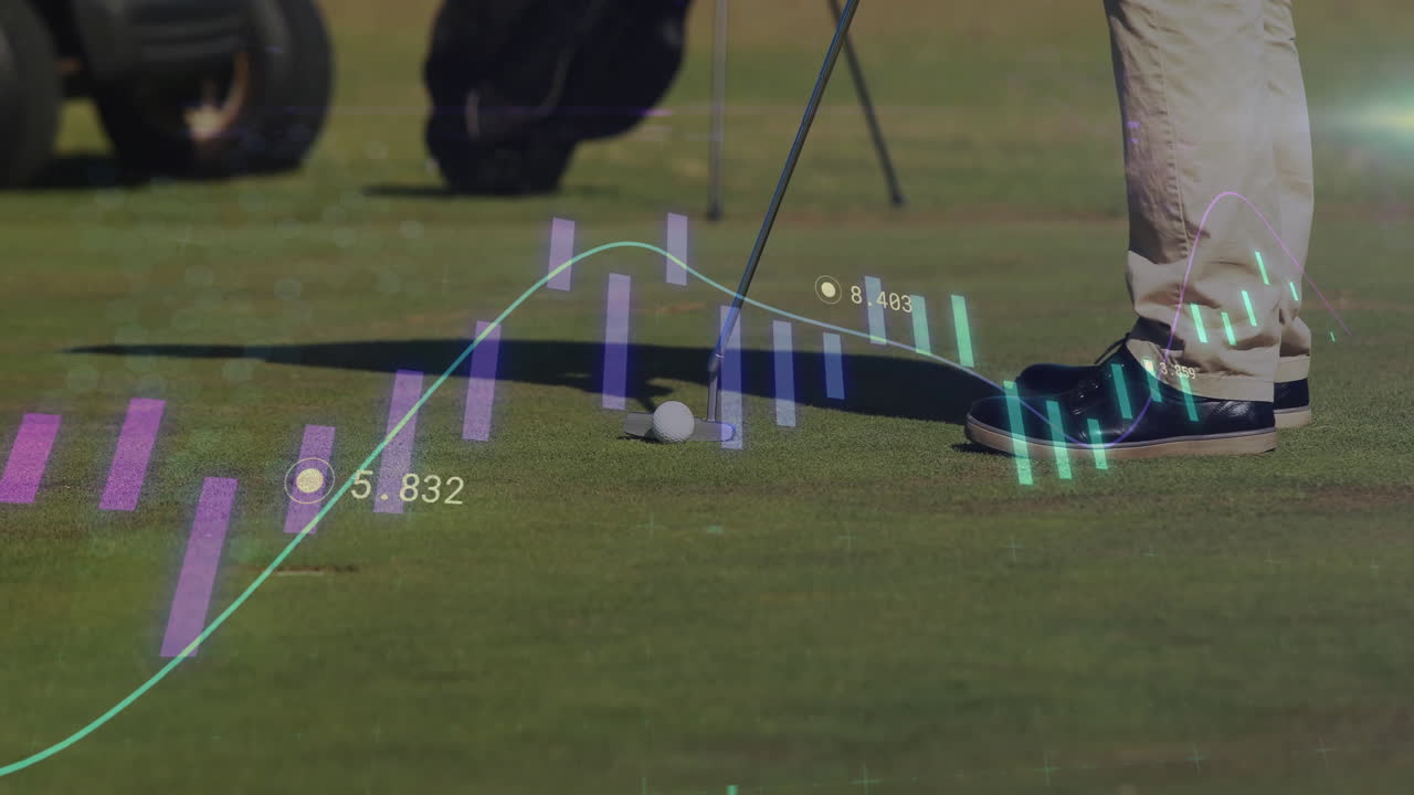 Golfer lower legs aligning putter with ball on green, showing analytics overlays in flat design