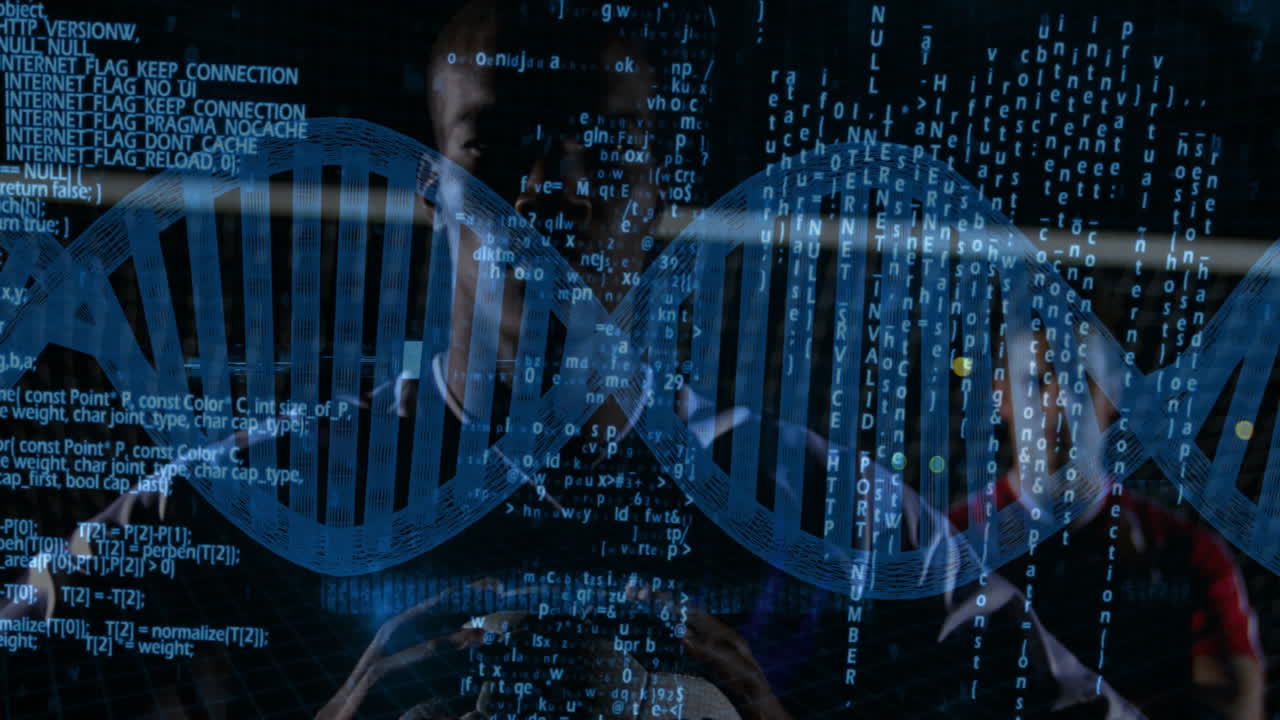 Two male researchers examining digital code and DNA in tech lab, showing bioinformatics data