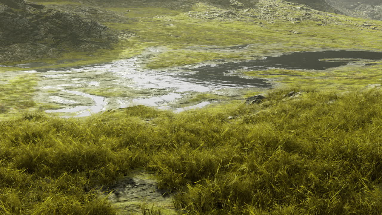 Lush green landscape with a tranquil lagoon surrounded by rocky hills