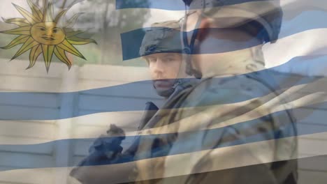 Animation-Der-Flagge-Uruguays-über-Verschiedenen-Soldaten