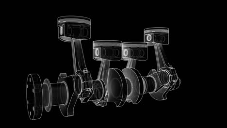 animation of crankshaft and four pistons. wire-frame or blueprint style