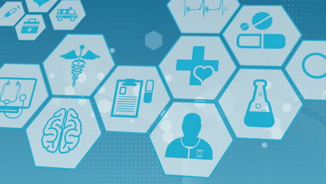 animation of digital interface with medical icons on blue background