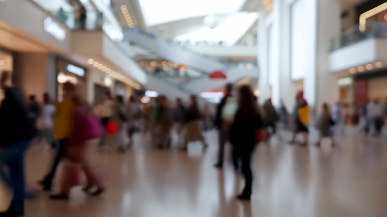 Interno di un centro commerciale affollato, folla sfocata. Acquirenti si affrettano, curiosano lungo pavimenti lucidi sotto un atrio luminoso.