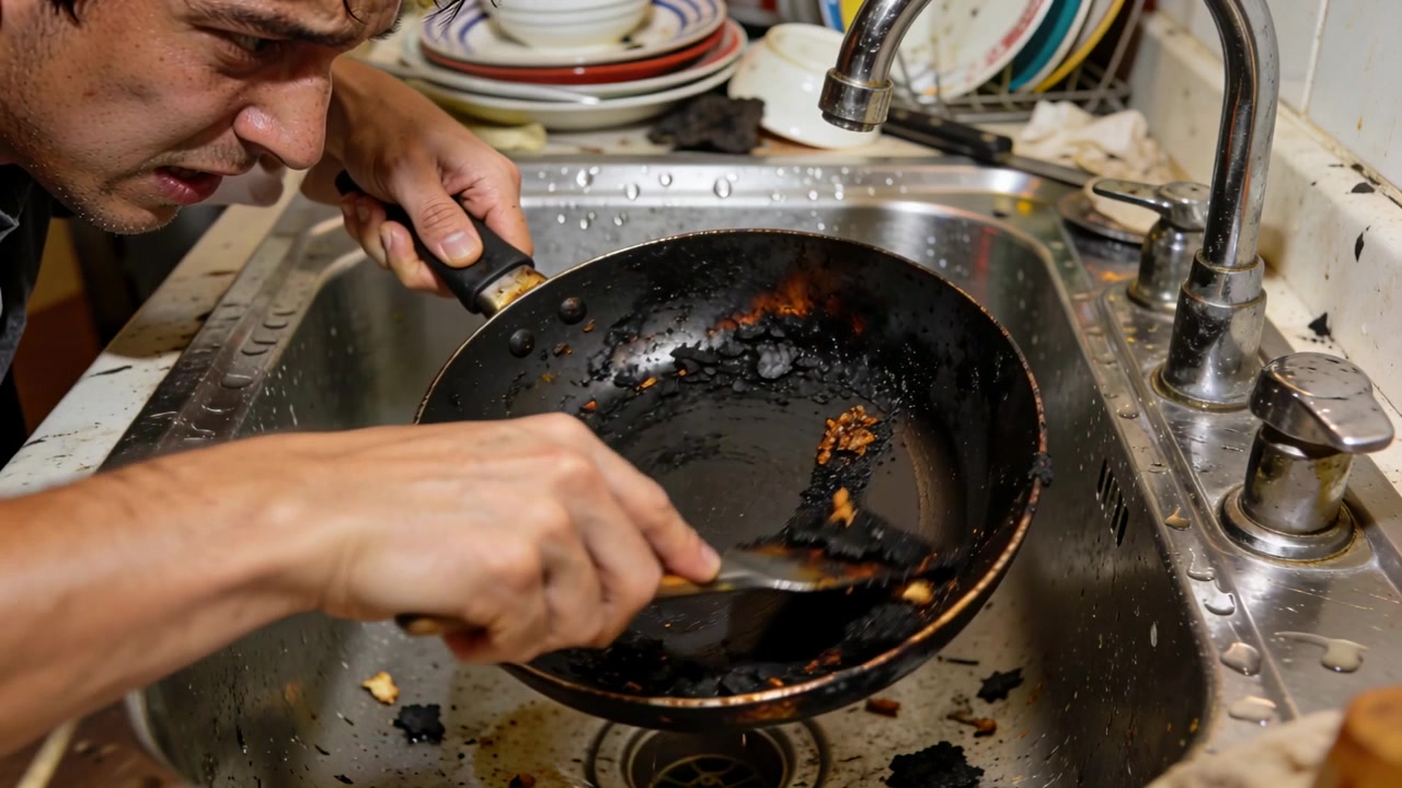 Examining then scraping man in short-sleeve-shirt at sink using spatula salvaging burnt frying pan