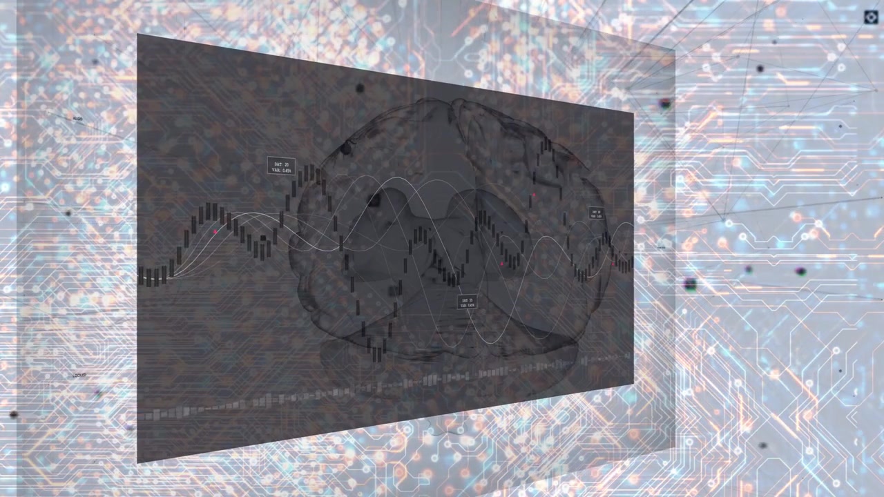 On data pulse dark panel rotating, waveform lines growing and overlapping to show neural analysis