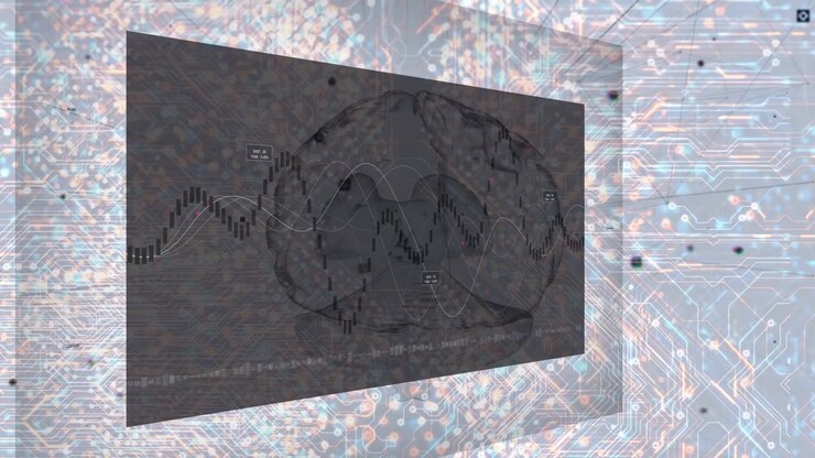 On data pulse dark panel rotating, waveform lines growing and overlapping to show neural analysis