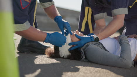 Paramedic-team,-woman-and-accident-on-street