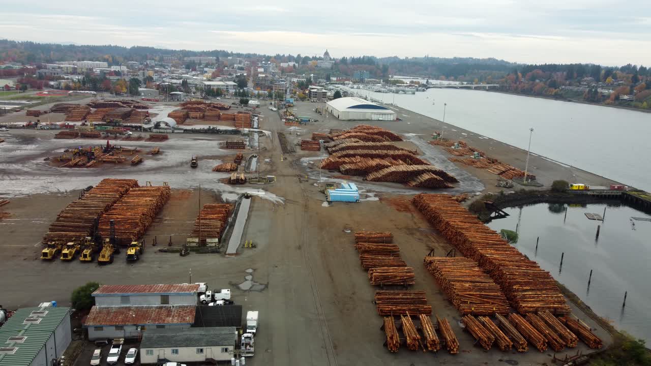 US, WA, Olympia, 2025-10-31 - Drone view of the Port of Olympia with the Capital building in the distance