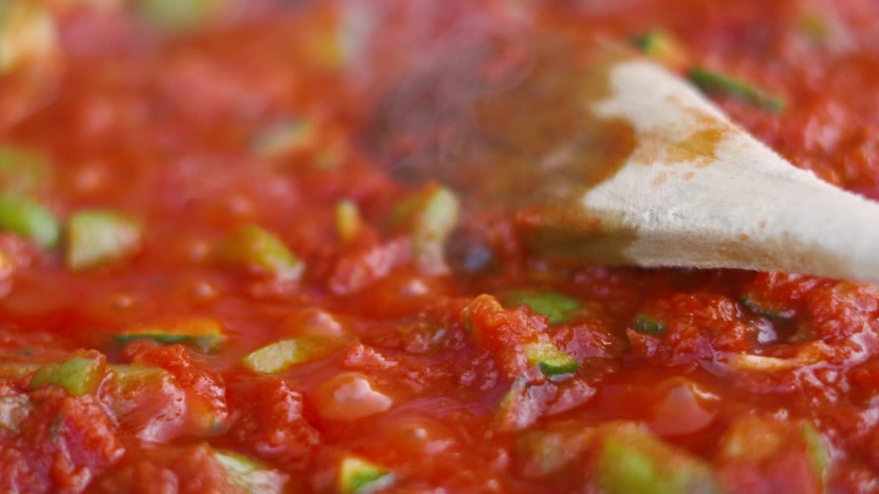Italian Tomato Passata Bubbling in Slow Motion in Frying Pan Being Cooked Outside with Wooden Spoon Lying Gently on Top with Lots of Vegetables and Herbs 4K