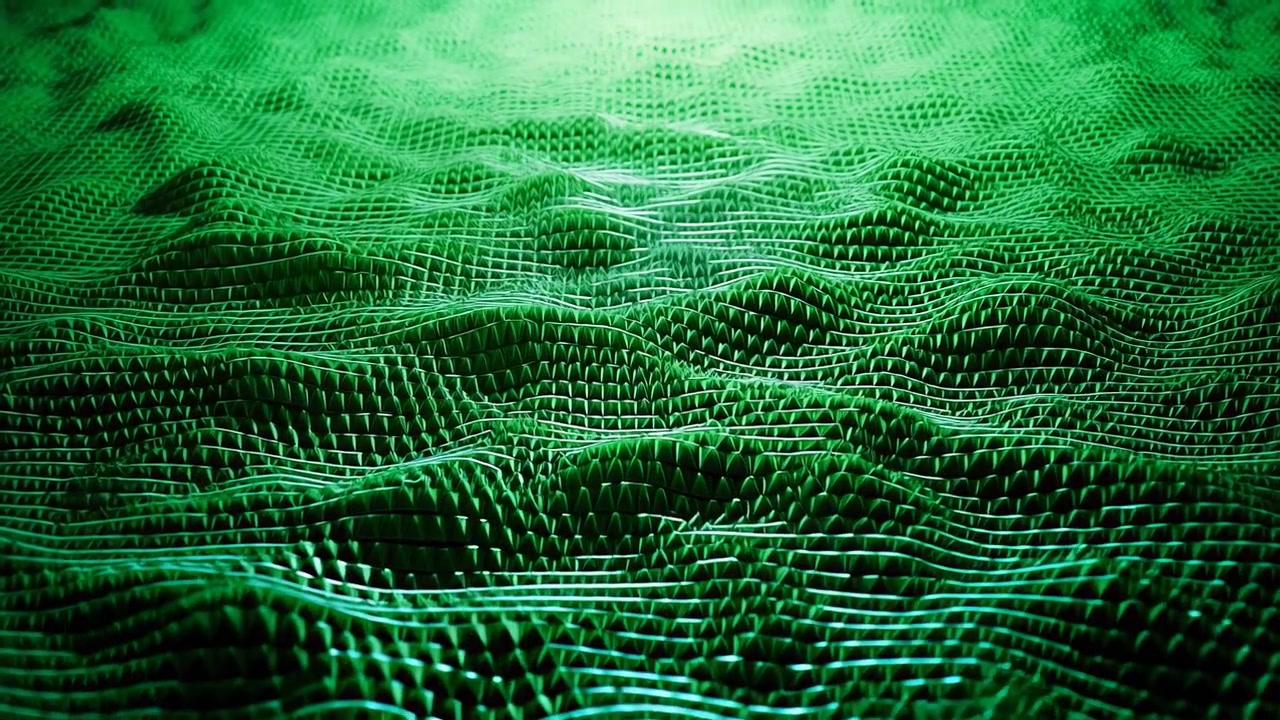 Green Digital Mesh Landscape Luminous Grid Waves Create Undulating Data Terrain, Cinematic Lowangle View