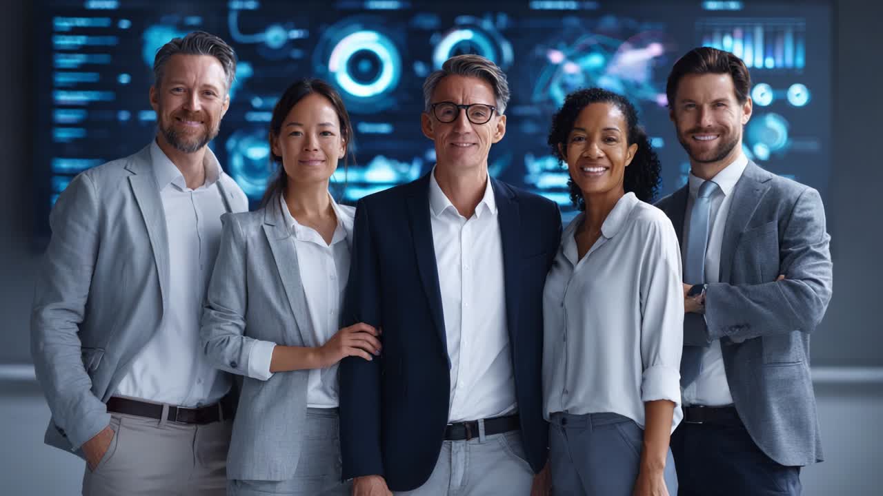 Un team eterogeneo di professionisti che posano con sicurezza in un ambiente di lavoro moderno, che mette in mostra la collaborazione e il successo con visualizzazioni di dati high-tech sullo sfondo per un ambiente di lavoro stimolante