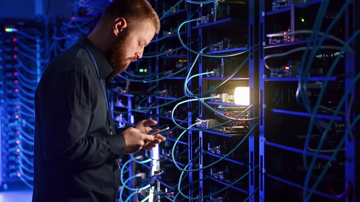 Mand, der administrerer data i et serverrum i slowmotion