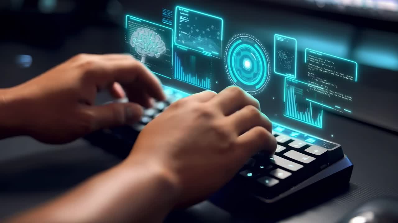 Mani che digitano sulla tastiera con interfaccia tecnologica olografica, inquadratura laterale.