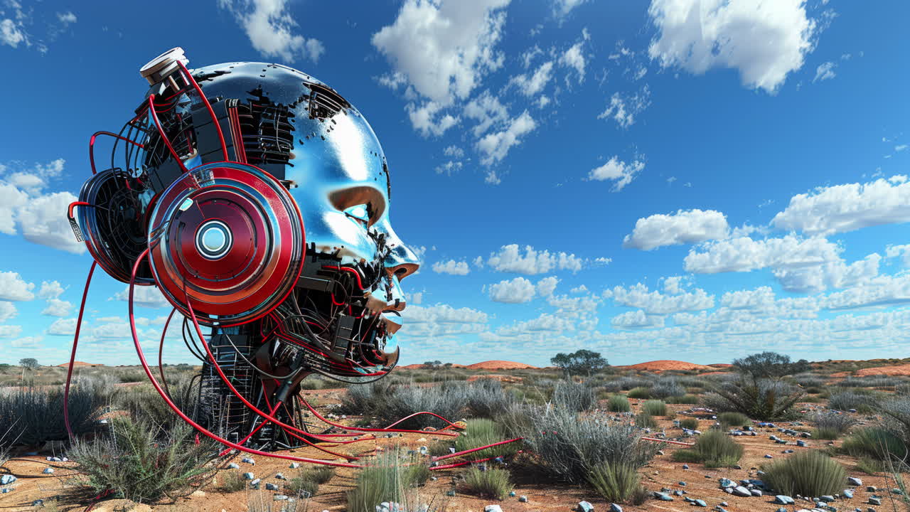 디스토피아 사막의 고대 돌 머리들은 생성 예술로 만든 헤드폰을 착용하고 있습니다.