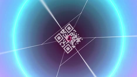 Animation-of-neon-circles-over-qr-code-rotating-on-violet-background