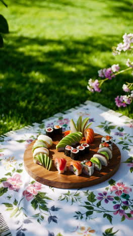 sushi platter picnic on a floral blanket in a garden