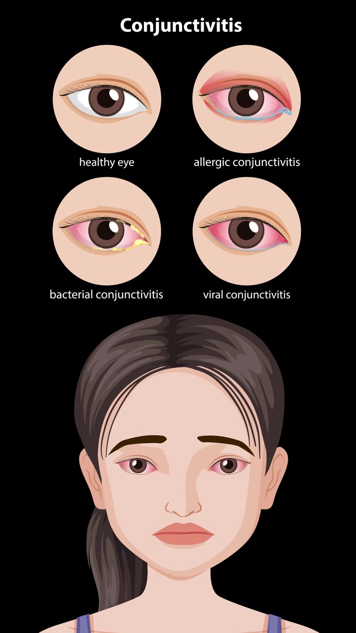 Sequenza animata illustra i sintomi, la progressione e i tipi di congiuntivite con confronti oculari ravvicinati etichettati.