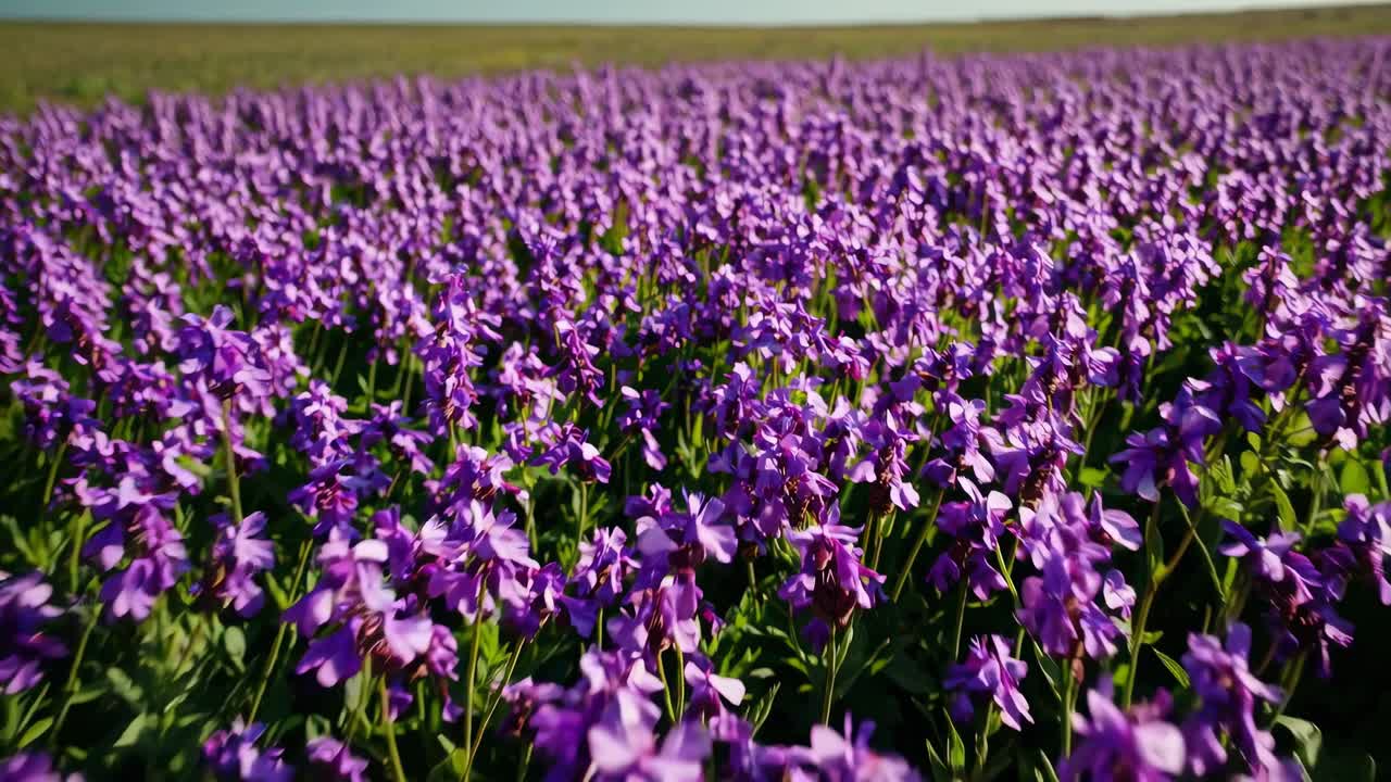 Un video grandangolare riprende un vasto campo di vivaci fiori viola sotto un cielo azzurro limpido.