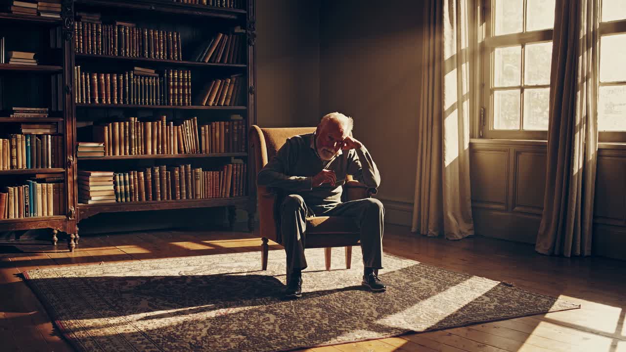 Elderly gentleman sitting quietly, origami birds emerging and swirling around armchair, floating near expansive bookcase, soft natural light filtering through window, dreamy surreal moment